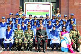 Girl students from Rajouri meet President Pranab Mukharjee at Rashtrapati Bhawan in New Delhi on Monday. 