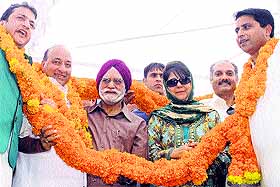 PDP president Mehbooba Mufti at a public meeting in Jammu on Monday.