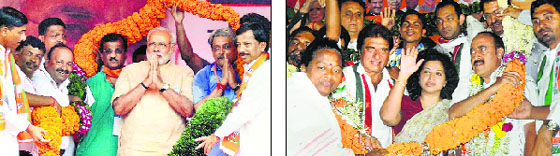 PM Narendra Modi is garlanded by BJP leaders at a rally in Malvan; (R) Congress leader Raj Babbar meets his supporters in Nagpur. PTI