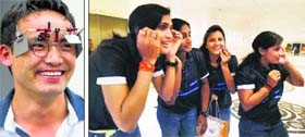 Jitu Rai; and (right) Indian Kabaddi teams Mamata Poojari, Tejaswini Bai, Sumitra Sharma and Anita Mavi do a last minute check before the felicitation ceremony organised by Samsung in New Delhi on Monday