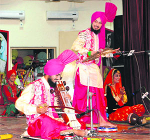 Students play folk instruments at Guru Nanak Dev University in Amritsar on Tuesday.
