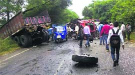 The spot where the truck and the pick-up collided head-on at Kot Billah village on the Barwala highway on Tuesday.