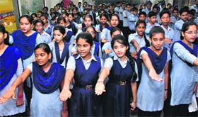 Students take a pledge to celebrate green Diwali at Government Model Senior Secondary School in Sector 46, Chandigarh, on Tuesday.