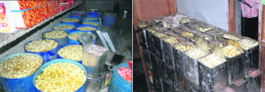 The huge stock of sweets seized by the Health Department during a raid on an illegal factory in the Mustafabad area on the Batala road