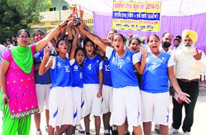 The victorious Under-14 girls basketball team of Ludhiana in Bathinda on Wednesday