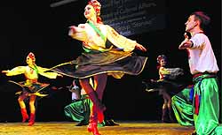 Artistes from Cossack Folk Group Stanitsa, Russia, perform at Tagore Theatre in Chandigarh on Wednesday