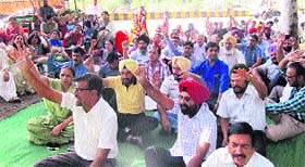 Members of the Punjab and Chandigarh College Teachers Union hold a dharna in Jalandhar on Wednesday