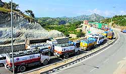 Vehicles stuck in a traffic jam near the toll plaza in Nandni on the Jammu-Srinagar national highway in Jammu on Wednesday