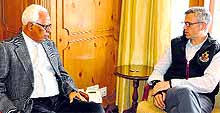 Governor NN Vohra with Chief Minister Omar Abdullah during a meeting in Srinagar on Wednesday