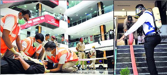 A rescue operation under way during a mock drill at Westend Mall on Ferozepur Road in Ludhiana on Wednesday.