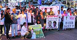 Students of Chintpurni Medical College take out a candle march at Lawrence Road in Amritsar on Thursday