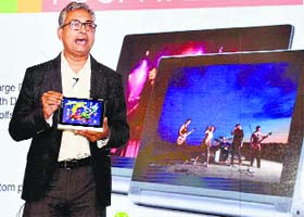 Bhaskar Choudhuri, director (marketing), Lenovo India at the launch of yoga tablet 2 in New Delhi on Thursday