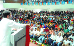Congress vice-president Rahul Gandhi interacts with students at the law auditorium in Panjab University on Thursday