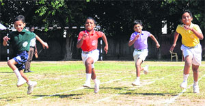 Students take part in the 50-metre race during an athletics meet at Tribune Model School, Sector 29, in Chandigarh on Thursday