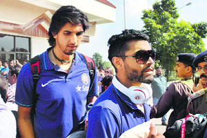 Ishant Sharma and Ravindra Jadeja at the Kangra airport for the one day cricket match in Dharamsala on Friday. 