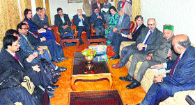 Chief Minister Virbhadra Singh interacts with a French delegation in Shimla on Thursday