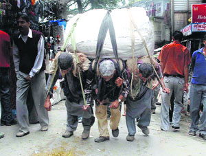 Migrant Kashmiri labourers carry heavy goods on their back in a congested area in Shimla.