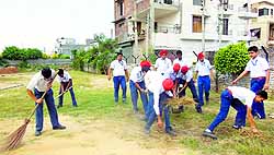 Students of BCM Arya Model Senior Secondary School clean a ground under the Keep Ludhiana Clean and Green campaign on Thursday