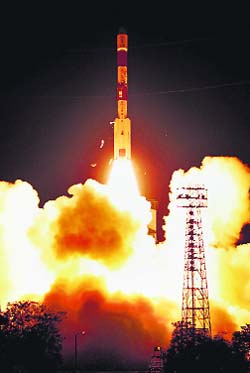 ISROs Polar Satellite Launch Vehicle carrying Indian Regional Navigation Satellite System lifts off from Sriharikota on Thursday.