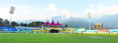 A view of the Dharamshala Cricket Stadium with the Dhauladhar hills in the background on Thursday. The venue will host its second ODI when India meet West Indies on Friday. PTI