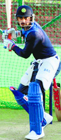 Virat Kohli bats during the Indian teams practice session at the Dharamsala Cricket Stadium on Thursday. Tribune Photo: Kamaljeet