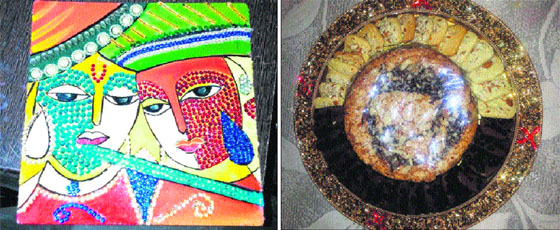 Bharti Malhotra has made art work from fibre and mirrors as special Diwali Gifts; and (right) Designer dry cakes and cookies have replaced sweets as Diwali savouries.