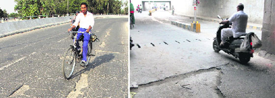 Potholes dot the overbridge and the under bridge (below) in Bathinda. Photos: Vijay Kumar