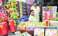 Crackers displayed at a shop at Burlton Park in Jalandhar. Tribune Photo: Malkiat Singh