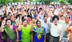 Bank employees stage a demonstration in Jalandhar on Friday. Tribune Photo: Malkiat Singh