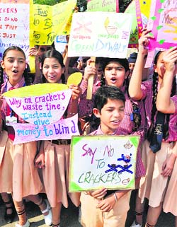 School students in Patiala rally for a Green Diwali on Friday.