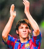 Lionel Messi celebrates a goal for Barcelona in 2005.
