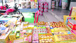 Crackers being sold in an open area in a locality of Bathinda on Saturday. Tribune photo