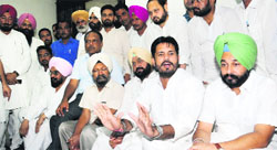 Cong MLA Amarinder Singh Raja Warring along with other senior Congress leaders interacts with media persons in Bathinda on Saturday. Tribune photo