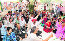 Members of the Oriental Bank Employees Union shout slogans during their protest in Bathinda on Saturday. Tribune photo
