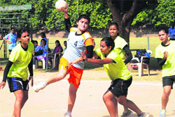 Players in action during the Handball Inter-College Tournament at Panjab University 