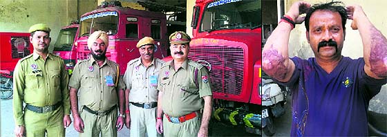 The district fire safety officials are all set to guard the city during Diwali; and (right) Naresh Kumar, fireman, who got hurt while evacuating a family during a domestic cylinder blast at Basti Danishmandi on November 29 last year, but has not got any monetary help from the state government so far. 