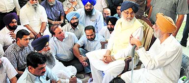 Chief Minister Parkash Singh Badal at the house of Gurcharan Singh Galib in Ludhiana on Saturday. 