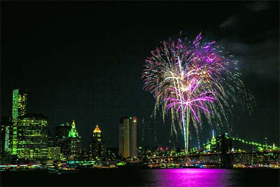 Fireworks explode over the Manhattan skyline in New York City to celebrate the month of Diwali, the Festival of Lights