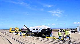 The X-37B Orbital Test Vehicle mission 3 space plane is shown after landing at Vandenberg Air Force Base, California.