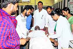 Congress leader Mohan Lal Jhumba at the Civil Hospital in Bathinda on Sunday