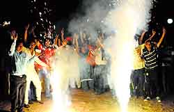 BJP workers celebrate the party’s victory in Haryana at Phase IX, Mohali, on Sunday