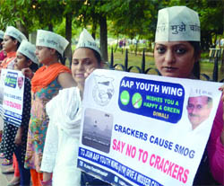 AAP youth wing activists hold placards with a massage to people not to use crackers on Diwali, at Connaught Place in New Delhi on Sunday