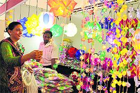 A woman takes a look at Chinese lights in Jalandhar. 
