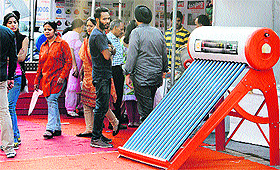 Solar water heater on display at the expo trade fair at Desh Bhagat Hall in Jalandhar on Sunday.