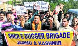 Activists of Sher-e-Dugger Brigade protest in Jammu on Sunday