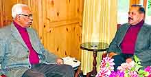 Governor NN Vohra and MoS Jitendra Singh during a meeting at Raj Bhawan in Srinagar on Sunday