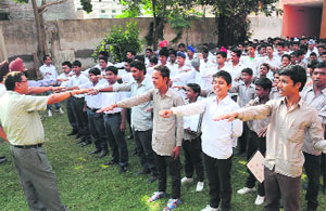 Students take oath during the anti-copying awareness rally in Bathinda on Monday.