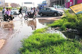 Big Stink: Motorists had to put up with the stench of sewage-laced water at Zirakpur on the Ambala-Chandigarh highway on Monday
