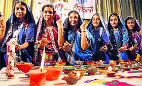 Students of St Soldier Divine Public School deck up for Diwali celebrations in Jalandhar on Monday. 