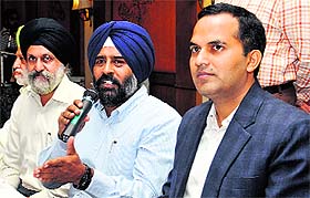 SAD MLA Pargat Singh addresses mediapersons regarding the Surjit Hockey Tournament to be held from October 29 to November 9 at the Olympian Surjit Hockey Stadium at Burlton Park in Jalandhar on Monday. 